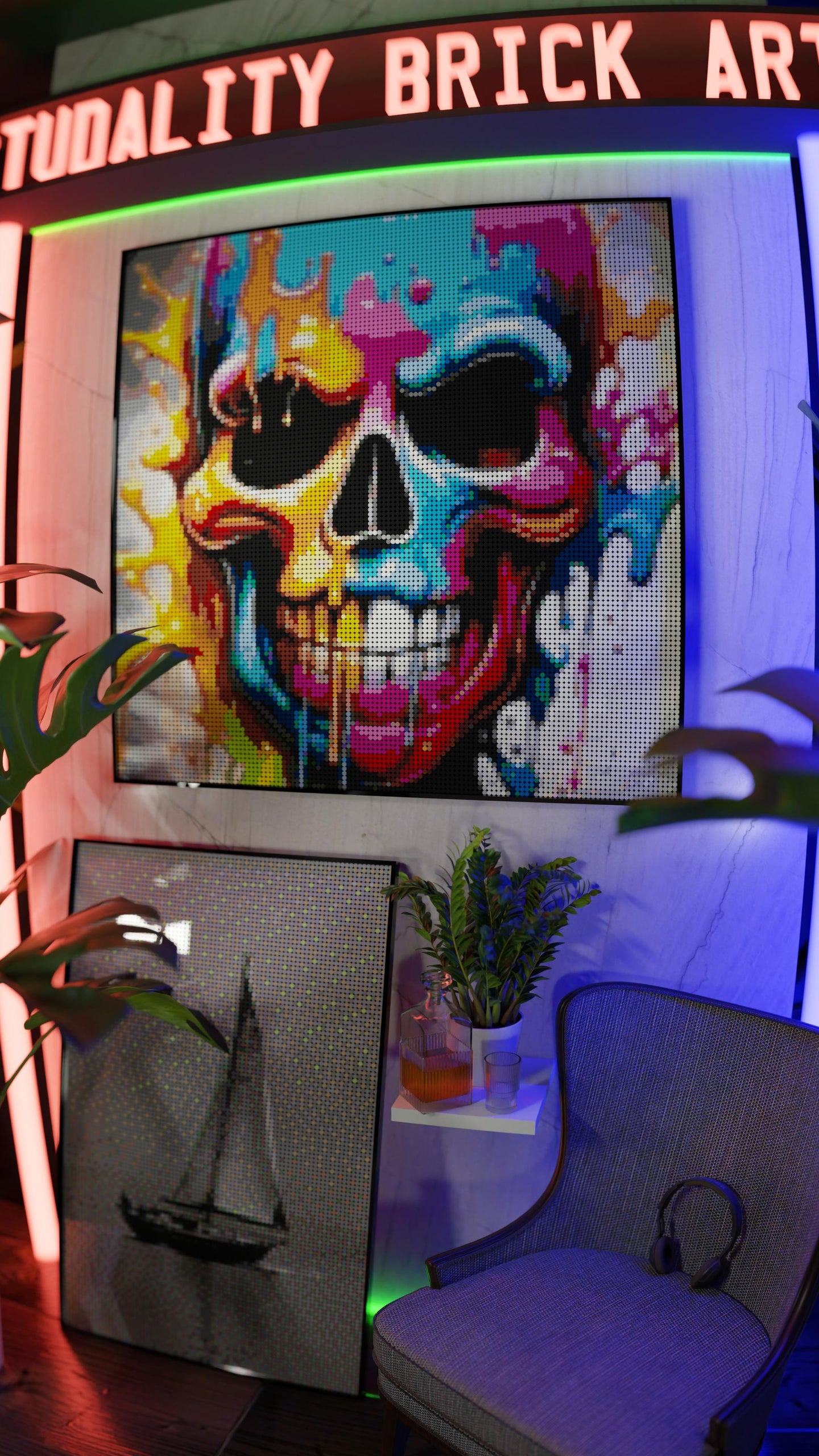 Vivid Decay LEGO® Style mosaic wall art made from colorful plastic bricks